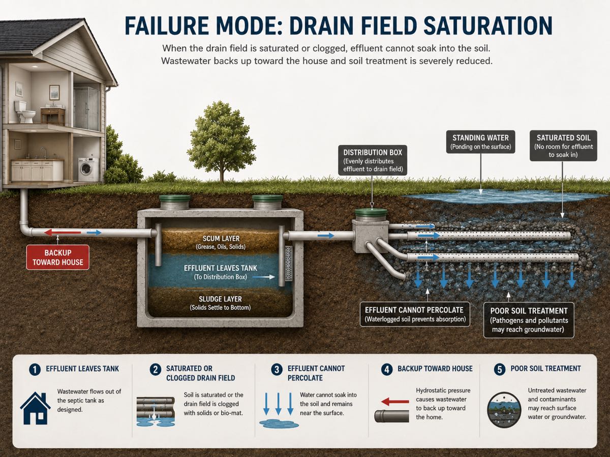 Diagram showing drain field saturation: effluent cannot percolate through clogged or saturated soil, backing wastewater up toward the house