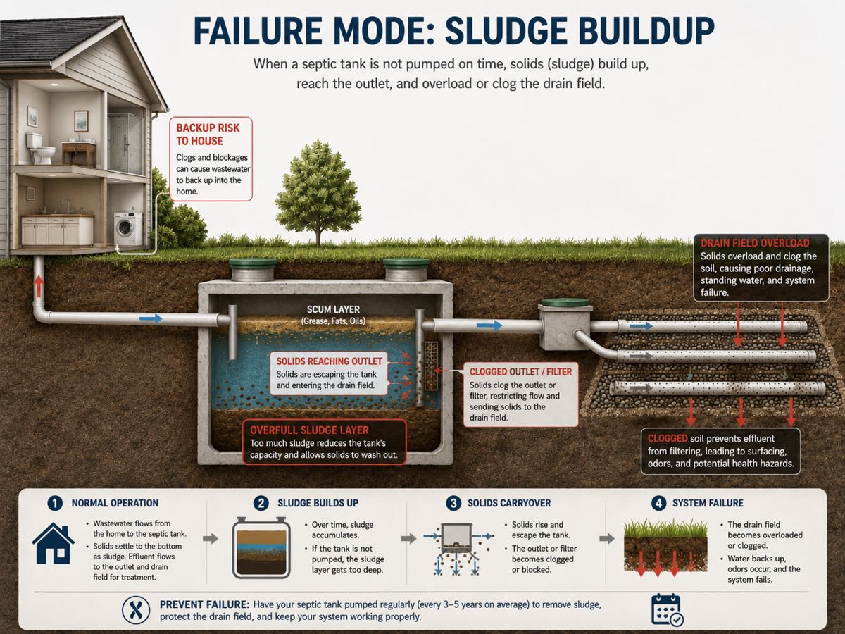 Diagram showing sludge buildup: an unpumped tank lets solids escape into the drain field, clogging the soil and overloading the system