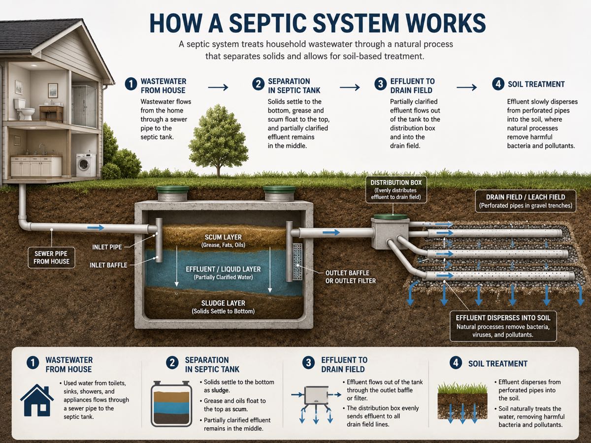 Diagram showing how a septic system works: wastewater flows from the house to the tank, separates into scum and sludge layers, then clarified effluent disperses through the drain field into the soil