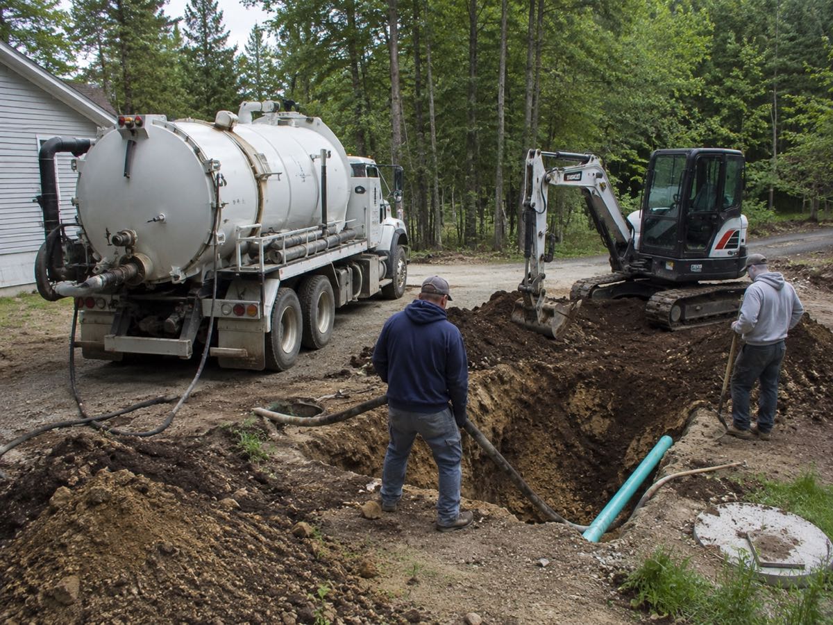 Pump truck and mini excavator staged at a septic dig, hose run into an open trench beside the tank