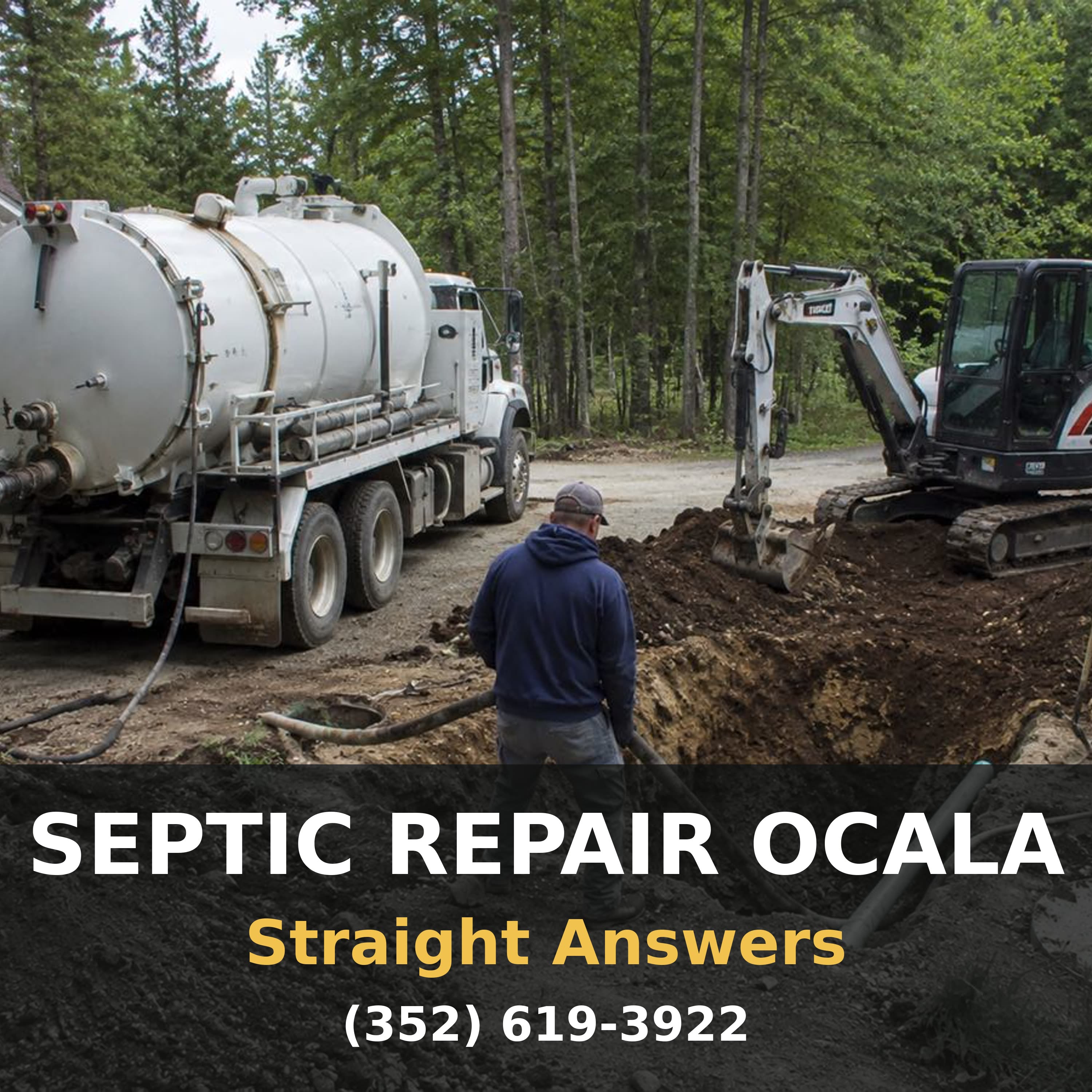 Septic Repair Ocala: Straight Answers podcast cover: a pump truck at a Marion County septic dig